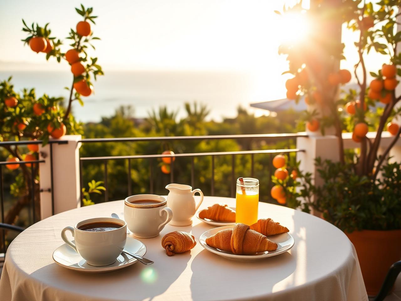 Frühstück auf der Terrasse zwischen Orangenbäumen