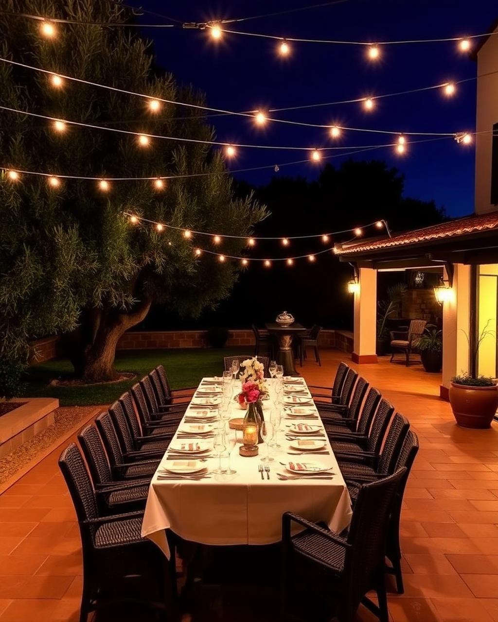 Abendessen auf der Terrasse unter Lichterketten