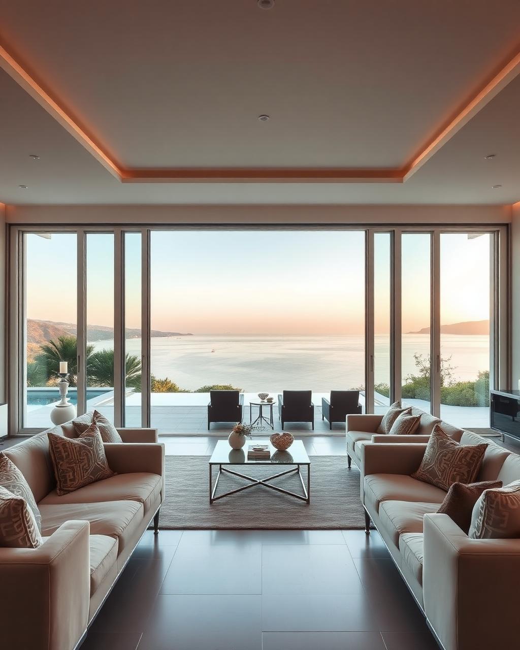 Wohnzimmer einer Villa mit Blick auf das Mittelmeer