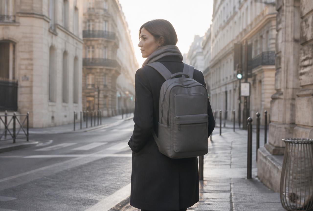 Femme portant un sac à dos gris dans une rue au lever du jour