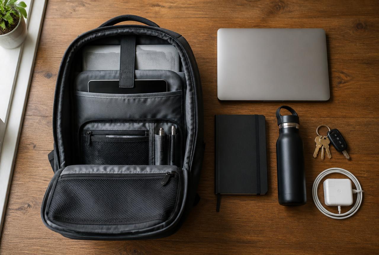 Sac à dos ouvert à plat avec ordinateur, tablette, carnet, gourde, clés et chargeur